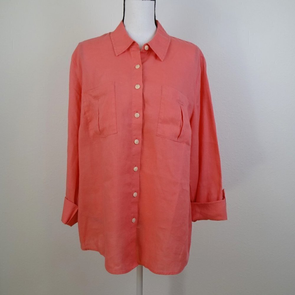 Investments Linen Blouse Top Women's Plus 16W Pink Coral Roll Tab Sleeves